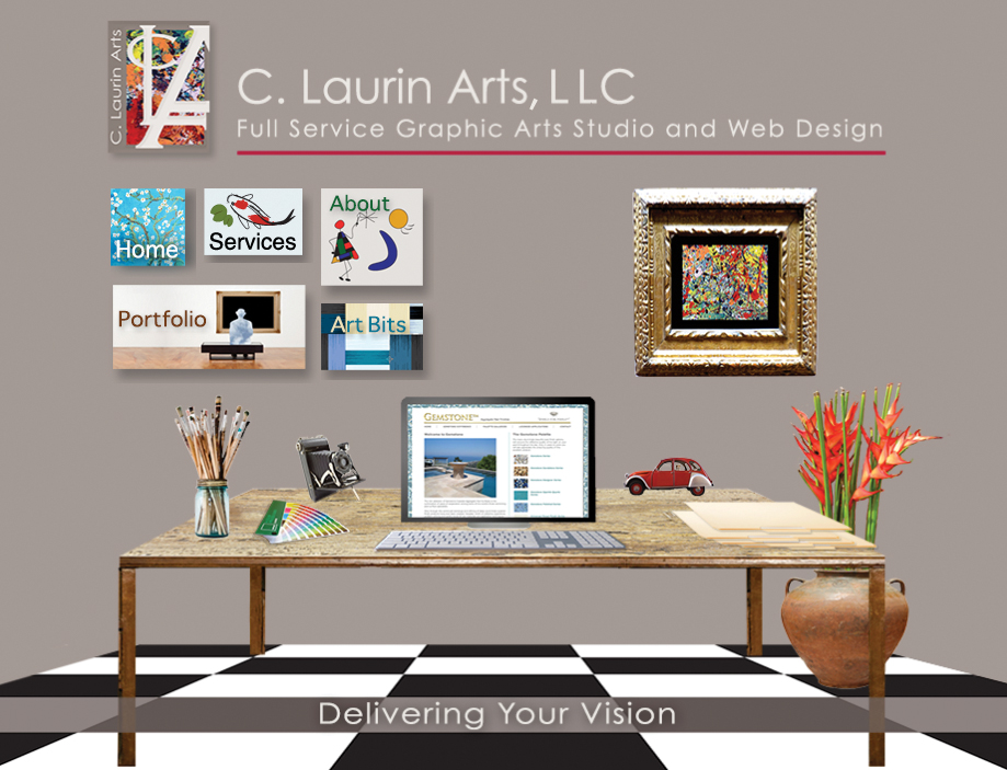 Image of art studio with desk and paintings